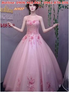 Váy cưới màu hồng cổ tròn AC437