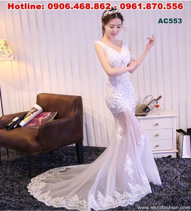 váy cưới đuôi cá kết hoa 3D đẹp nhất AC553