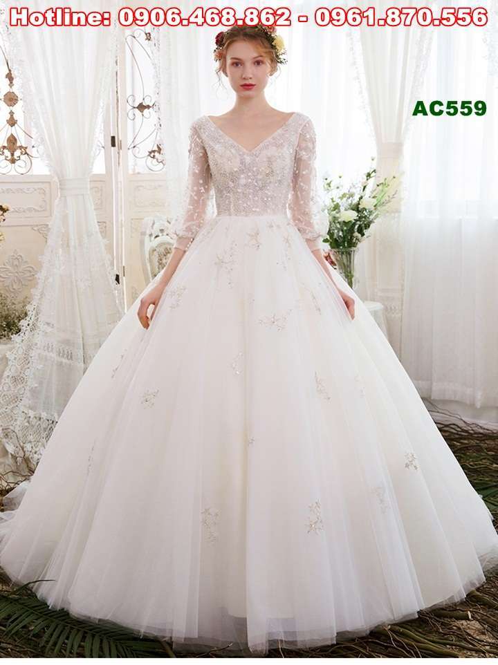 Váy cưới An Huy luxury kiểu váy trắng trễ vai tay dài họa tiết Hoa Ren Xù  3D dòng váy to tùng 8 161 | Lazada.vn